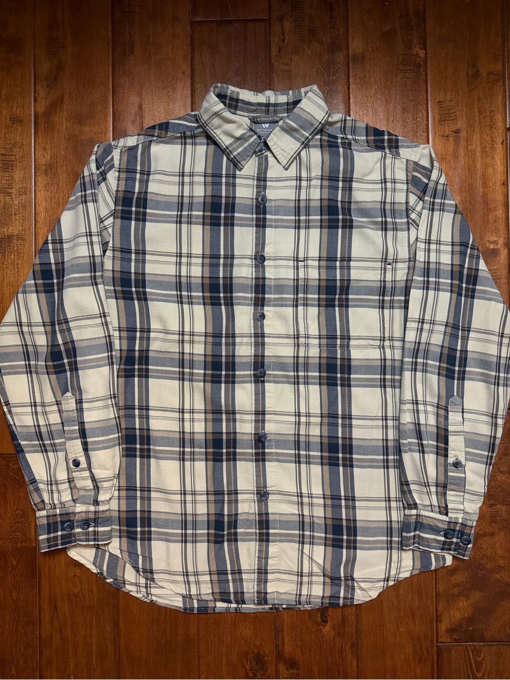 White Sierra Men's Plaid Button-Down Shirt in Cream and Blue